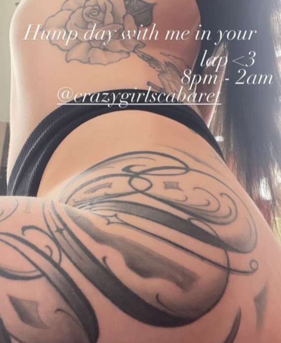 Woman in a black bikini shows a large floral shoulder tattoo and ornate back tattoo at the side view